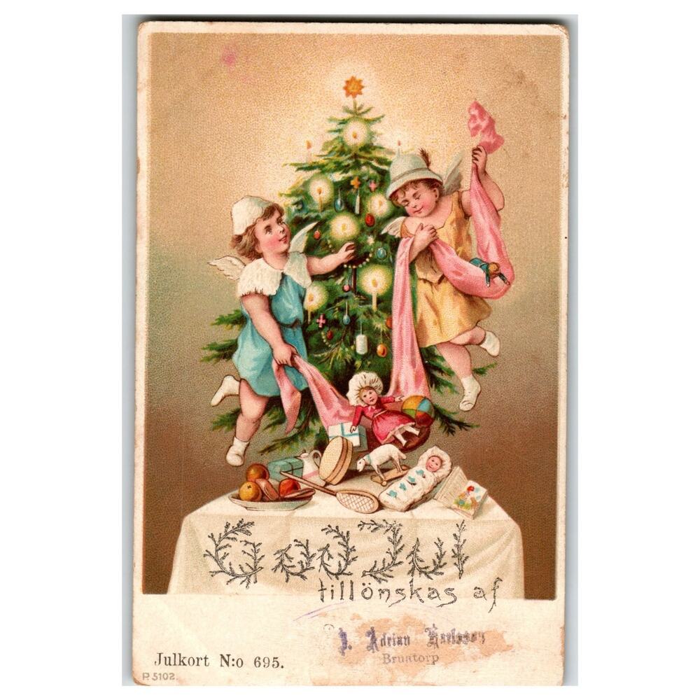 Antique Christmas Angels Cherubs Decorating Tree Toys Postcard P5102